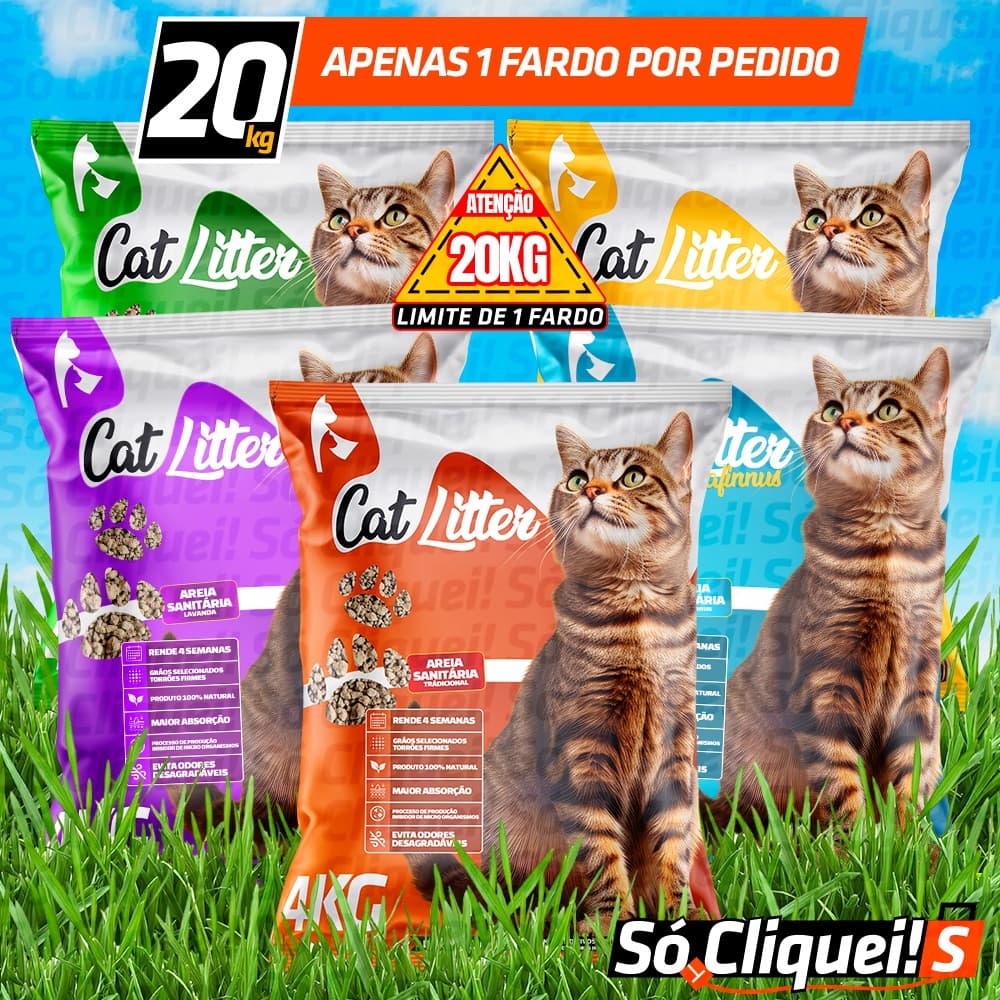 Kit Fardo 5 Pacotes de Areia 20KG Sanitária Forma Torrões Granulado Perfumado Alta Absorção Perfumada