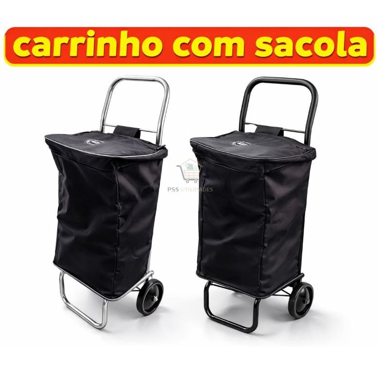 Carrinho De Mão Com Sacola Base Dobravel Compras Feira Mercado Cor Preto
