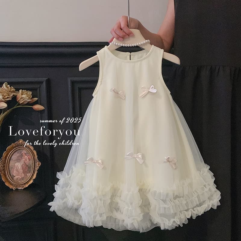 Vestido sem Mangas para Meninas com Laço 3D e Saia de Tule - Estilo Princesa Doce e Elegante