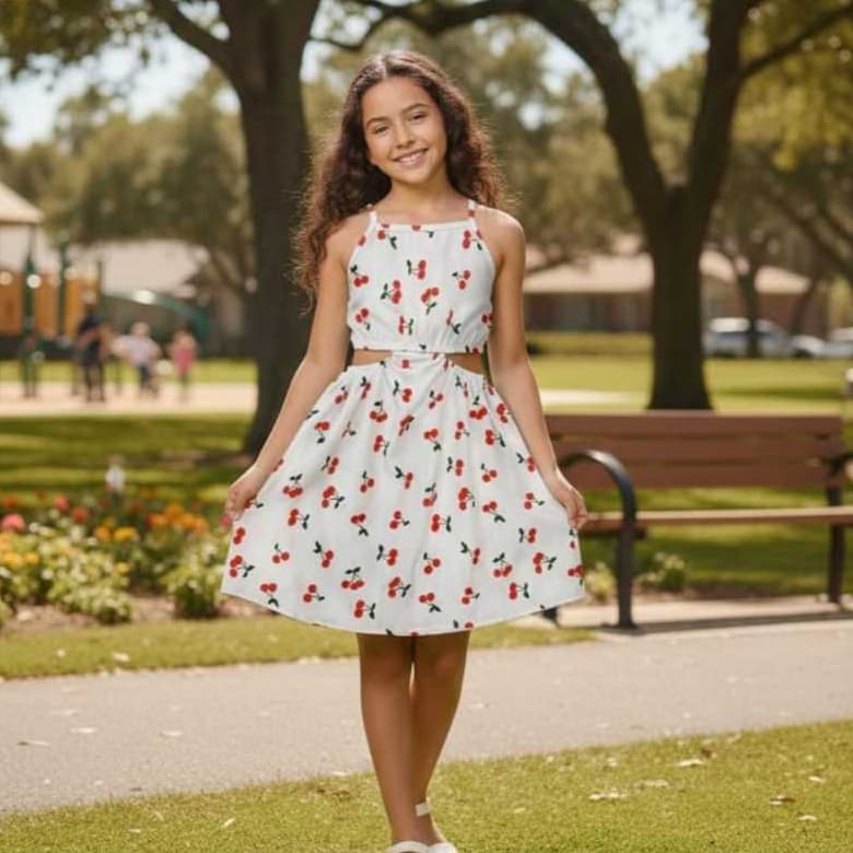 Vestido Infantil Menina Crepinho Leve Alcinha e Fenda Lateral Elástico Estampado Moda Feminino Verão