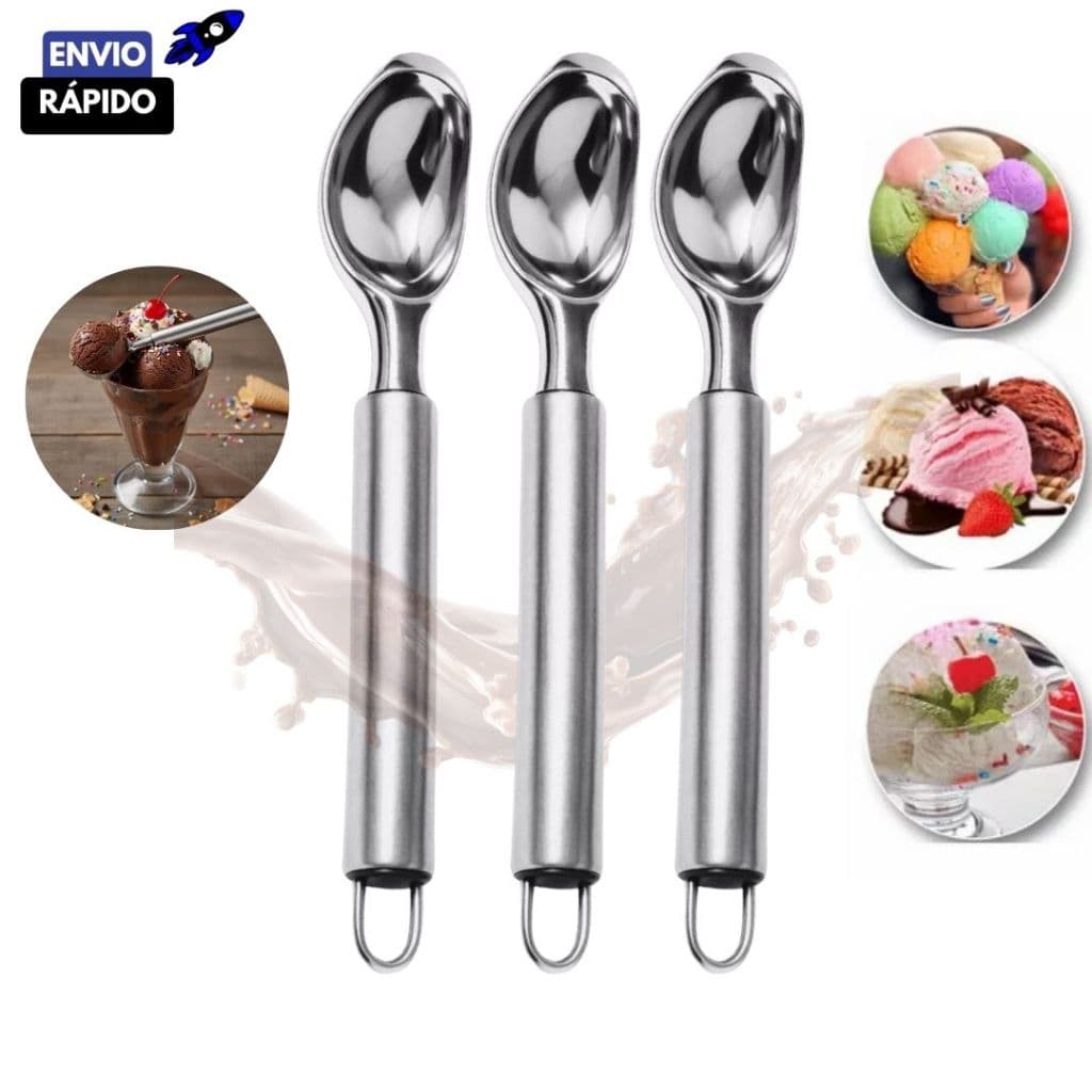 Kit 3/2/1 Colher de Sorvete Pegador Concha Profissional em Aço Inox Sorveteria Sobremesa
