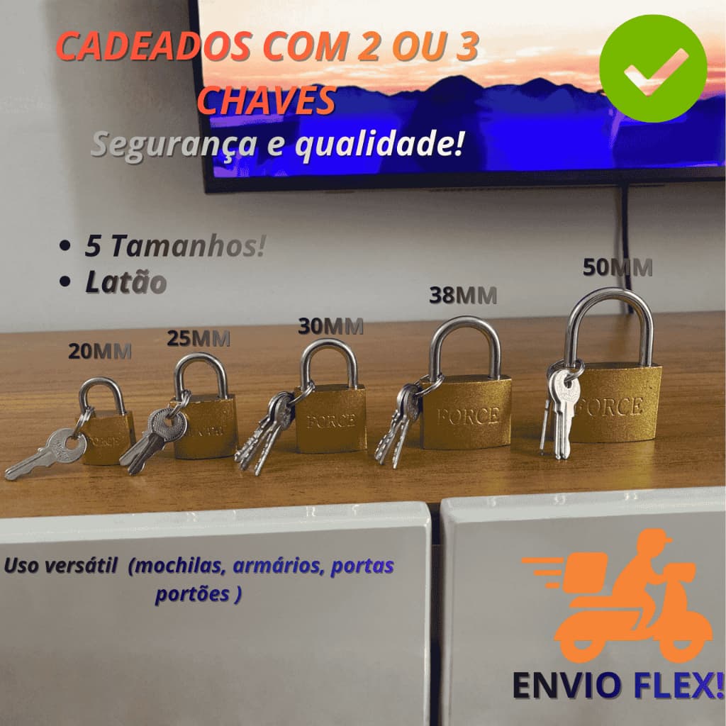 01 Unidade De Cadeado Com 3 Chaves Tamanho Pequeno a Grande 20x25x32x38x50mm