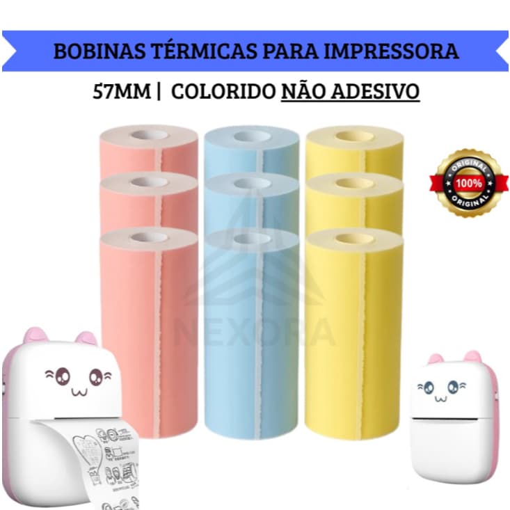 Kit 6 Bobina Térmica 57x30mm Não Adesivo Colorida Rolo com 80 Metros Para Mini Impressora Portátil