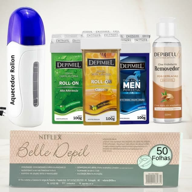 Kit 3 Cera Quente Depimiel 100g + Aquecedor Roll On + Óleo Removedor 50 Folhas Tnt Depilaçao