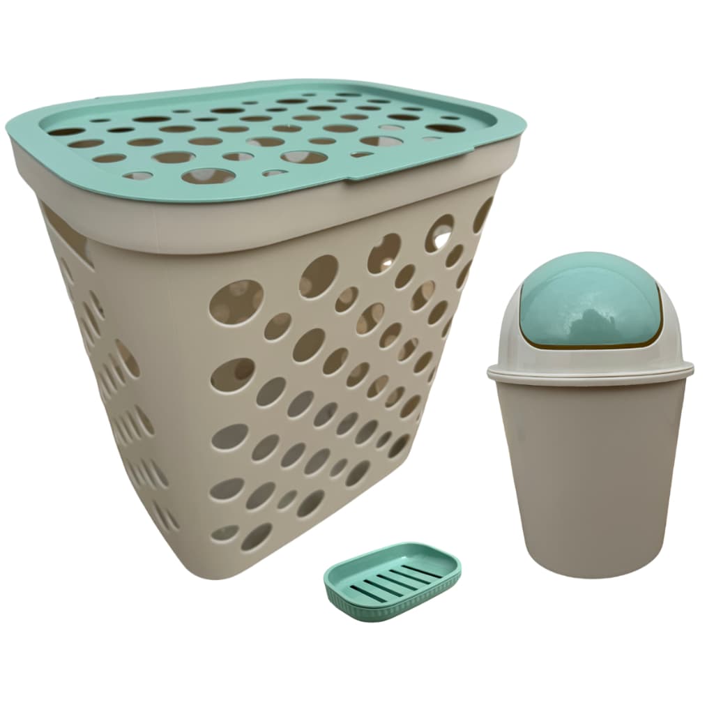 Kit Cesto de Roupa 30L, Lixeira 3L e Saboneteira com Escorredor Para Bebês Linha Baby Safari Verde