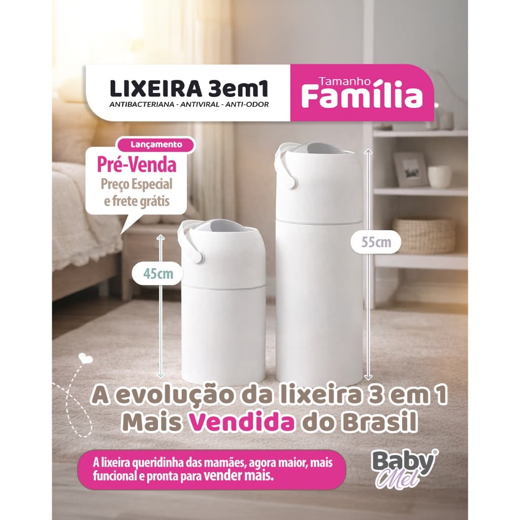 Lixeira Antiodor Tamanho FAMÍLIA 15 LITROS para quarto do Bebe, Banheiro, fraldas e Pet.