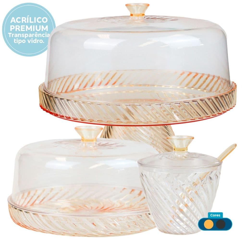 Kit Boleira Borda Alta Com Pé Queijeira e Açucareiro Tampa em Acrílico Resistente Premium