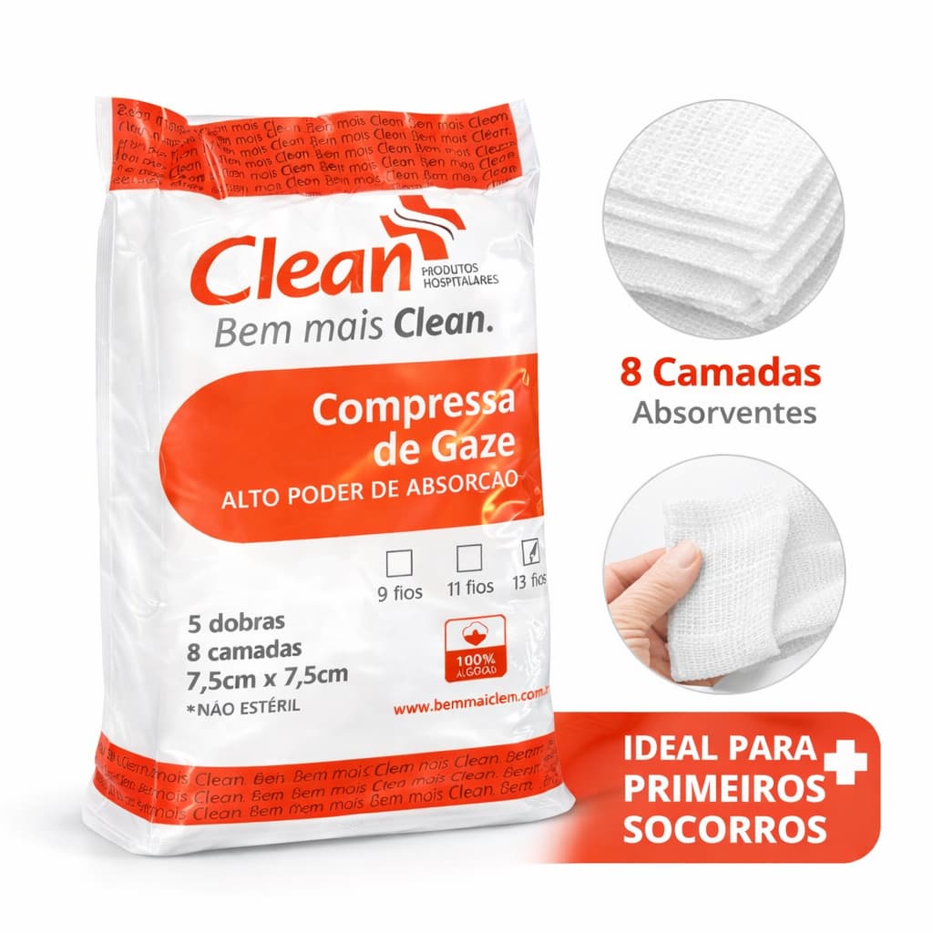 Compressa de Gaze Hidrófila 13 Fios 100g Clean Não Estéril Limpeza Curativo