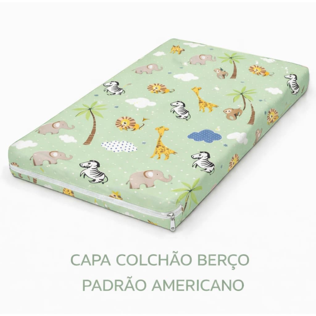 Capa para colchao de berço com ziper estampado safari verde selva animais