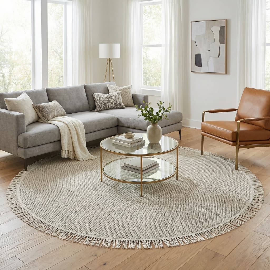 Tapete Sala 150x150 Antiderrapante Redondo Com Franja