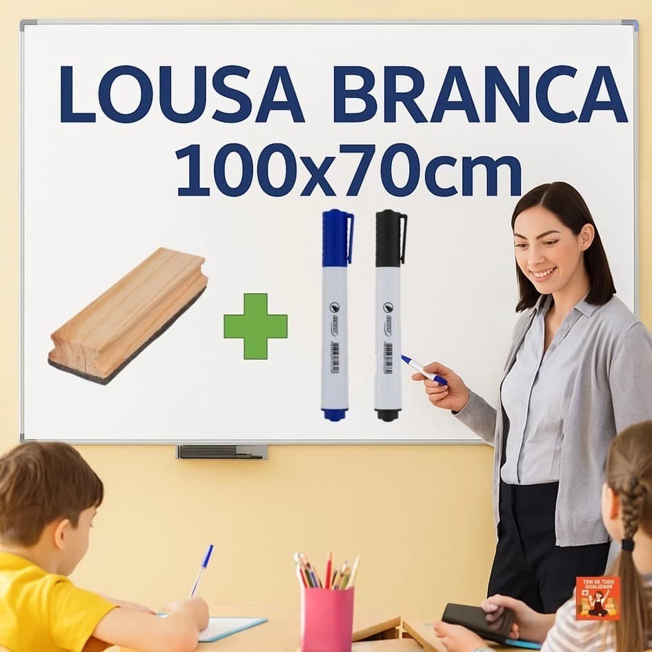 Lousa Quadro Branco Moldura 100x70 Cm Com Kit Apagador e Canetas Aluminizado