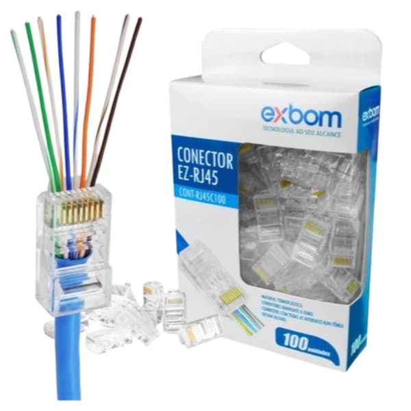 Kit 100 Conector Rj45 De Passagem Ez Crimpagem Cat5e Ouro Vazado
