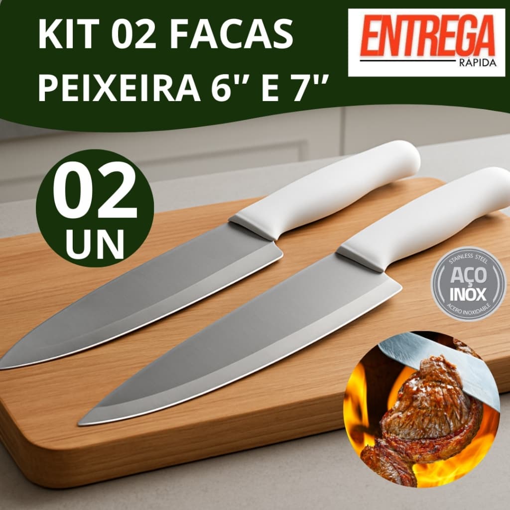 Kit Duas Facas Peixeira 6'' e 7'' Polegadas Aço Inox Cozinha Premium Churrasco, Legumes, Peixes Industrial Doméstico