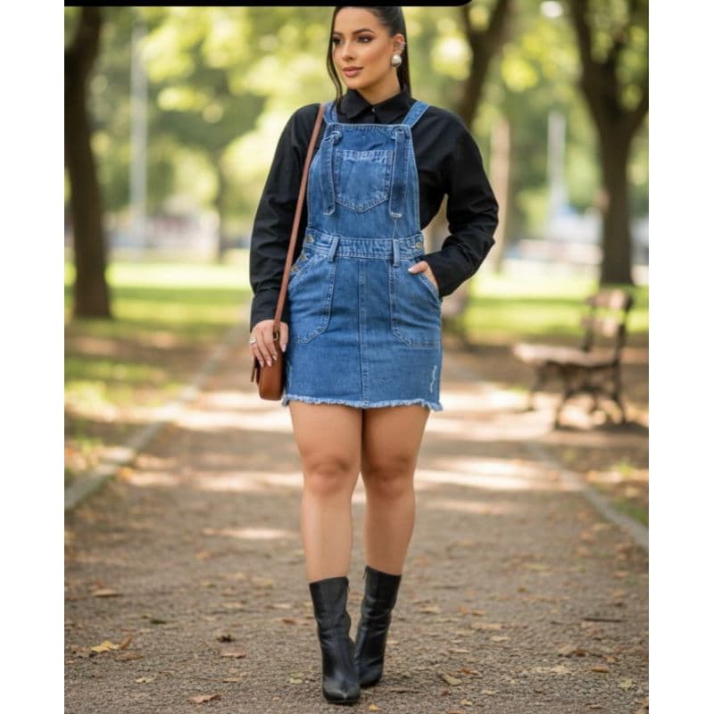 Jardineira Jeans Saia Com alças Regulável Moda Feminina