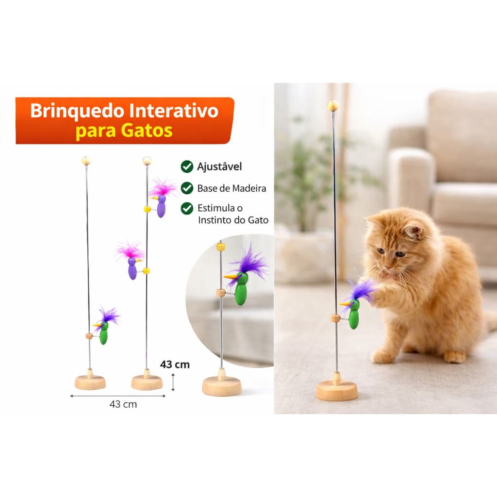 Brinquedo Interativo para Gatos com Pássaro de Pena, Haste Metálica e Base de Madeira - Estímulo, Caça e Diversão