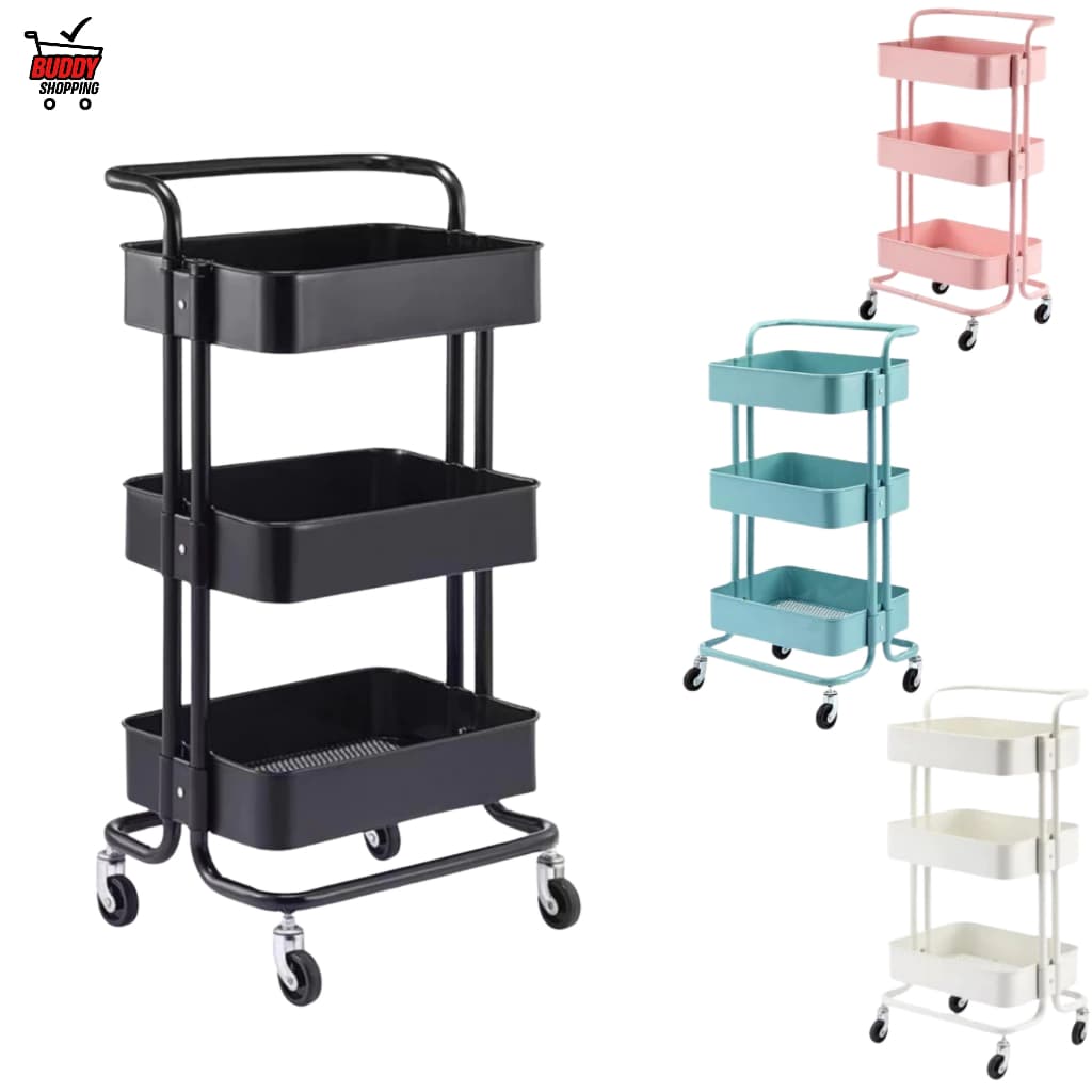 Carrinho Organizador Multiuso 3 Prateleiras e Alça Auxiliar Em Aço Com Rodinha