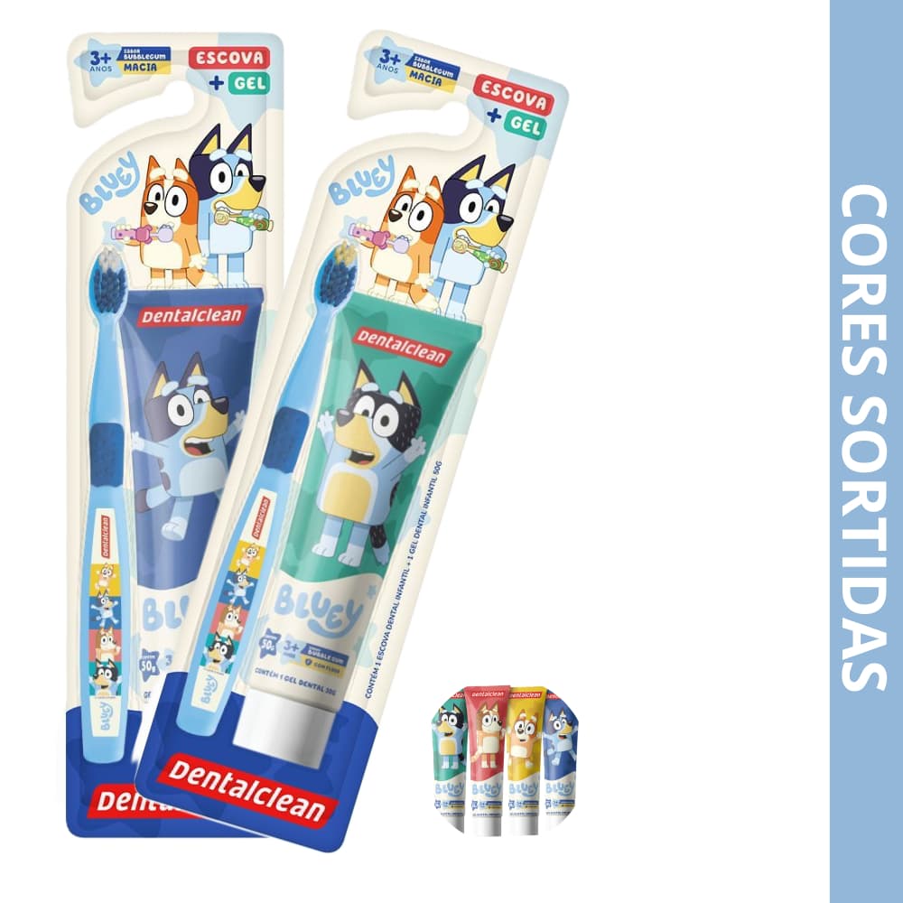 Kit Escova + Gel Dental Infantil Bluey 50g com Flúor 1100ppm Dentalclean Original