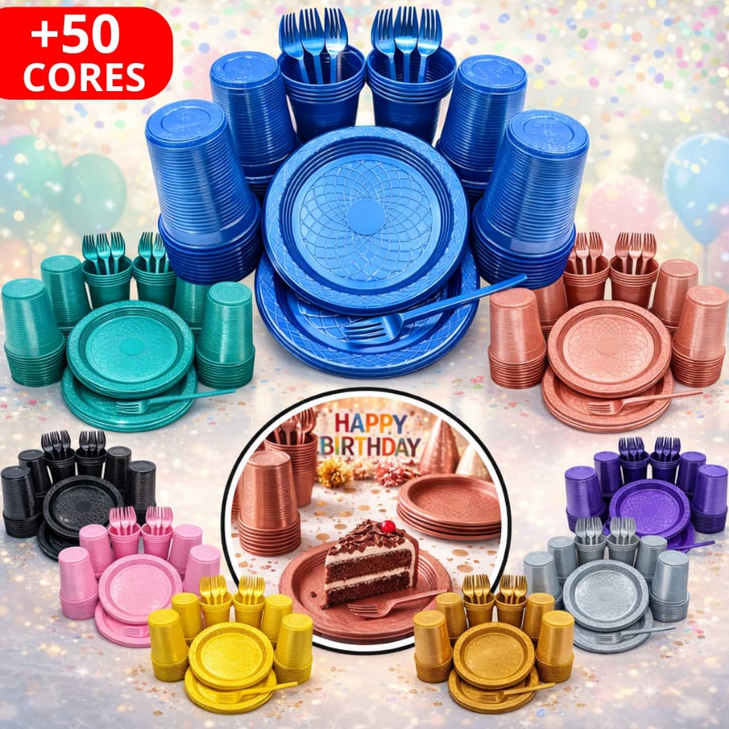 Kit Aniversário Festa Descartável 150 Unidades Pratos Garfos Copos Pratinho Redondo Perolado Perolizado Brilhoso Candy
