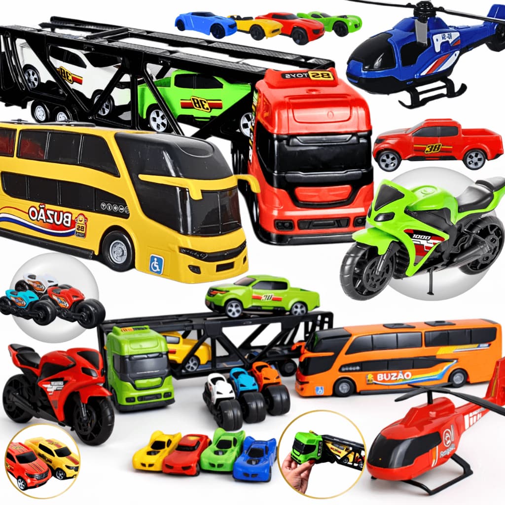 Kit Carrinhos Caminhão Brinquedo Cegonha Ônibus Moto Helicóptero Presente Menino Infantil