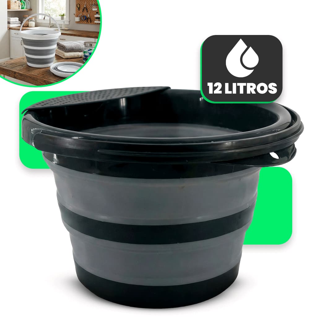Balde Dobrável Retrátil em Silicone Flexível 12L Ideal para Limpeza e Organização e Camping
