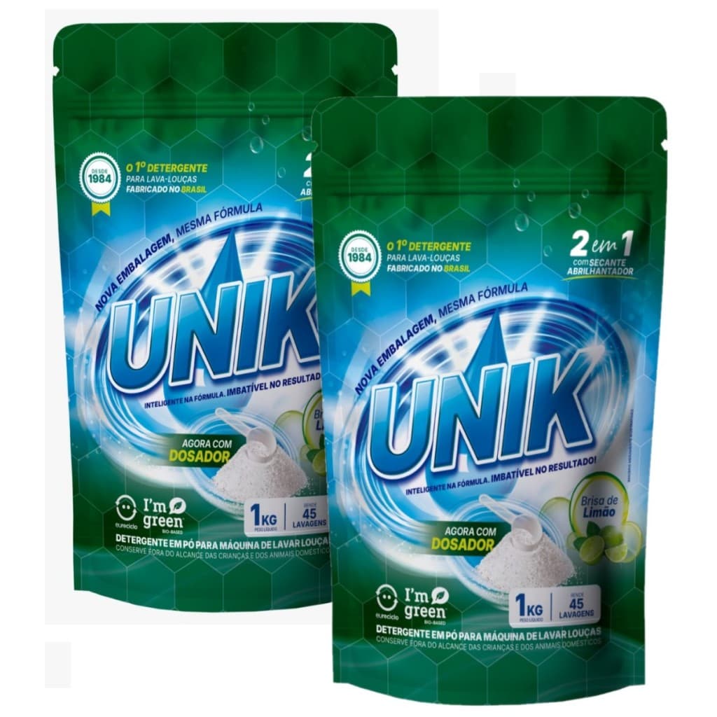 2 Kg Sabão Unik lava louças Sem Fragrância ou Limão c/ Secante e Abrilhantador em pó 2 cx's de 1 kg.