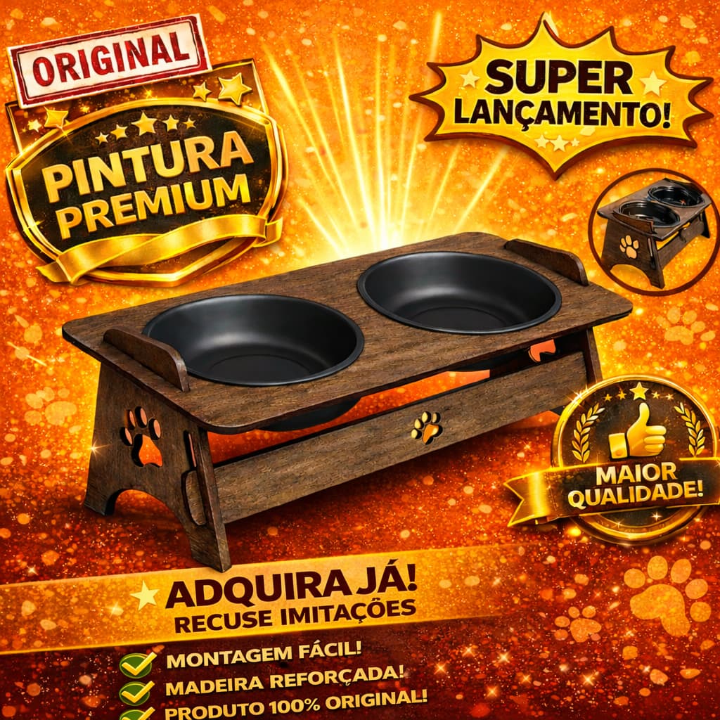 Comedouro Bebedouro Elevado Gato Cachorro Pet Tigela Madeira Mdf Agua Ração