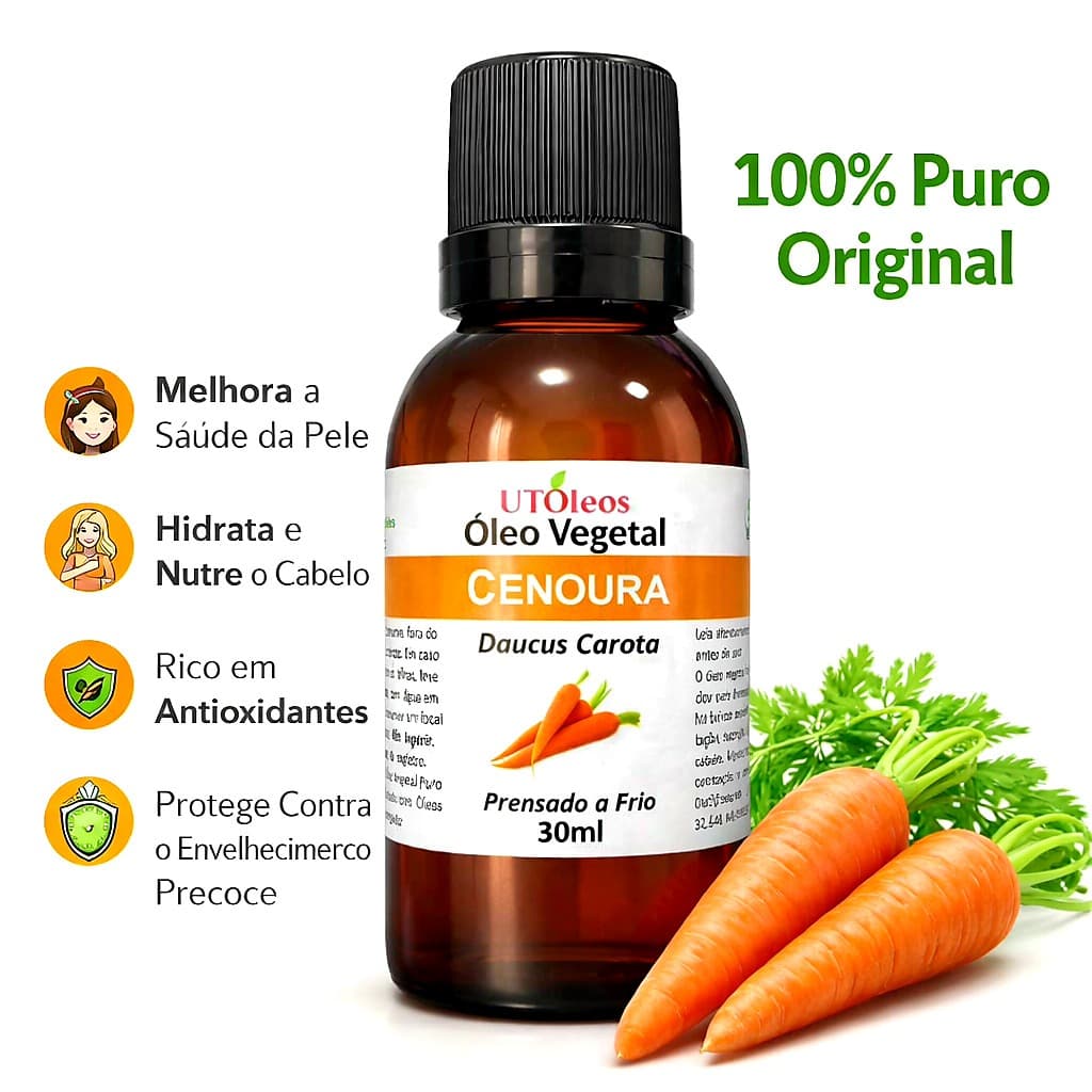 Óleo Vegetal Cenoura 30ml 100% Puro, hidratação e rejuvenescimento, uso facial capilar corporal