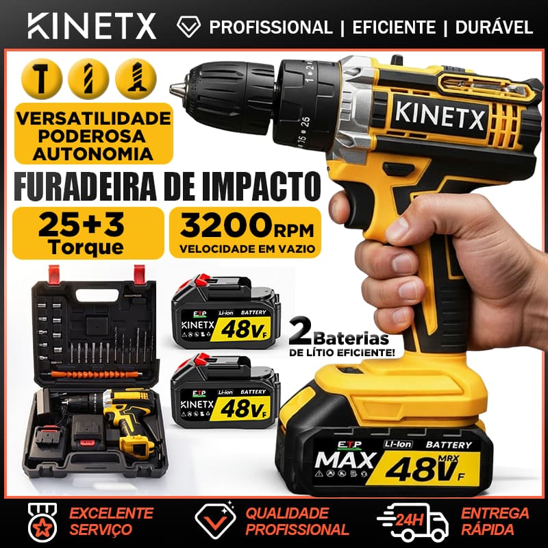 Furadeira Impacto Parafusadeira Sem Fio 48V 2 Baterias 3 em 1 Maleta e Acessorios Profissional 3/8 10mm l KINETX