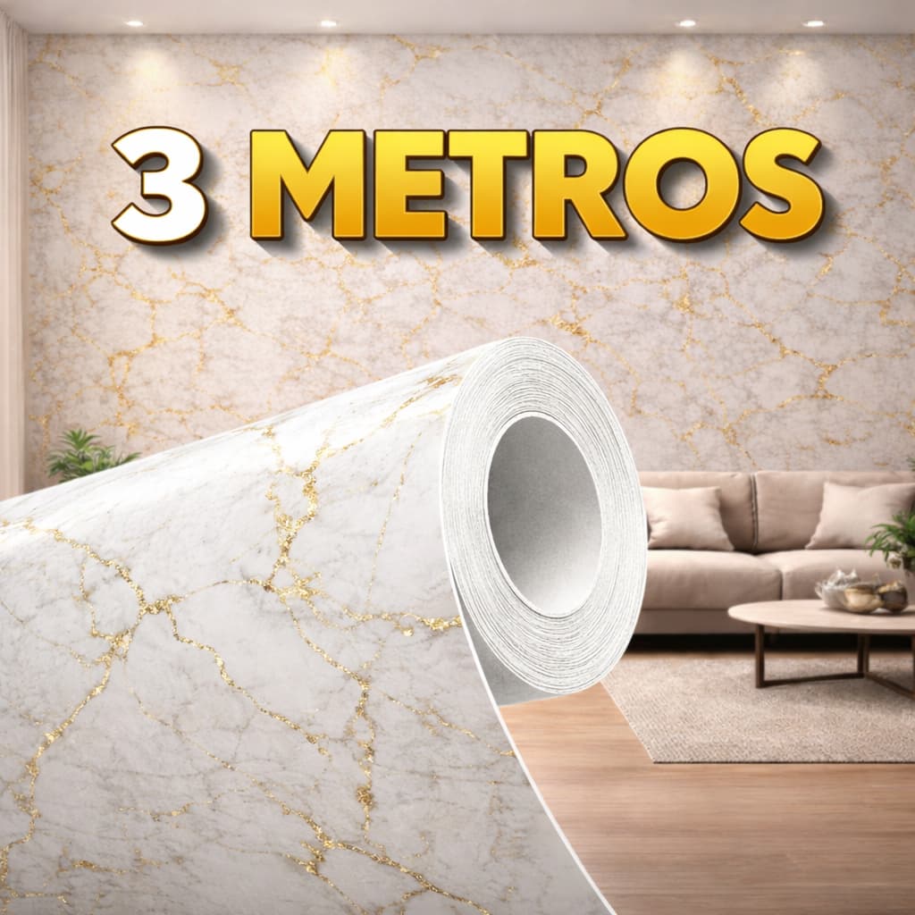 Papel de Parede Mármore Dourado Vinílico Autoadesivo 3m | Impermeável e Lavável
