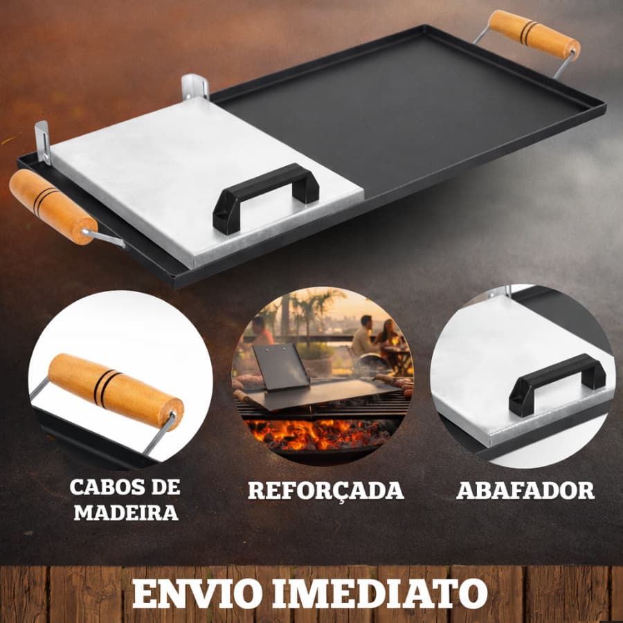 Chapa De Hamburguer Para Fogão Churrasqueira com Abafador e Cabos de Madeira