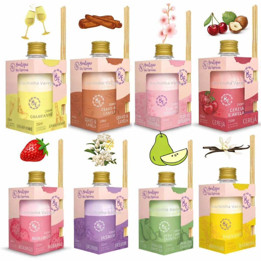8 Difusor Aromatizador Morango/Baunilha/Jasmim/Champanhe/Cereja Avelã/Cerejeira/Cravo Canela/ Pera