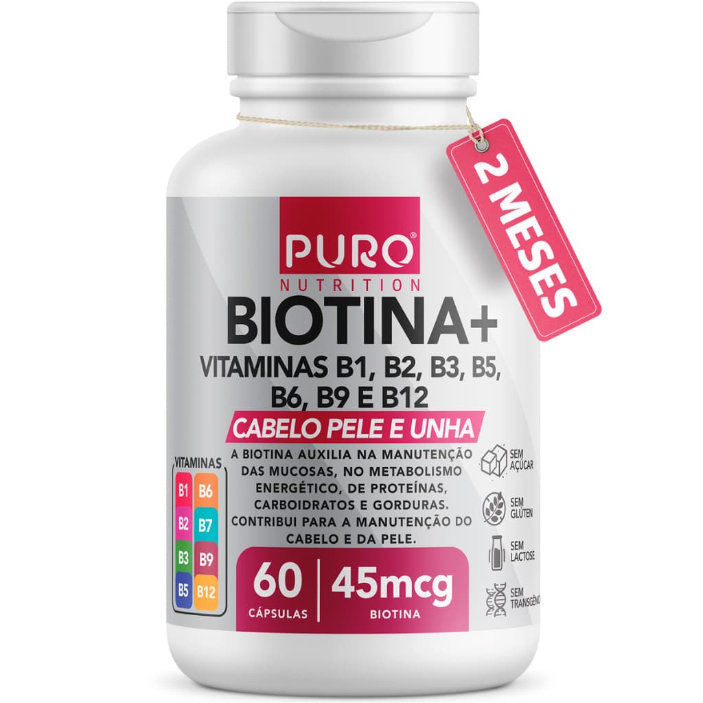 Biotina + Puro Nutrition Pele, Cabelo e Unhas, 45 mcg, Vitaminas B1, B2, B3, B5, B6, B9 e B12