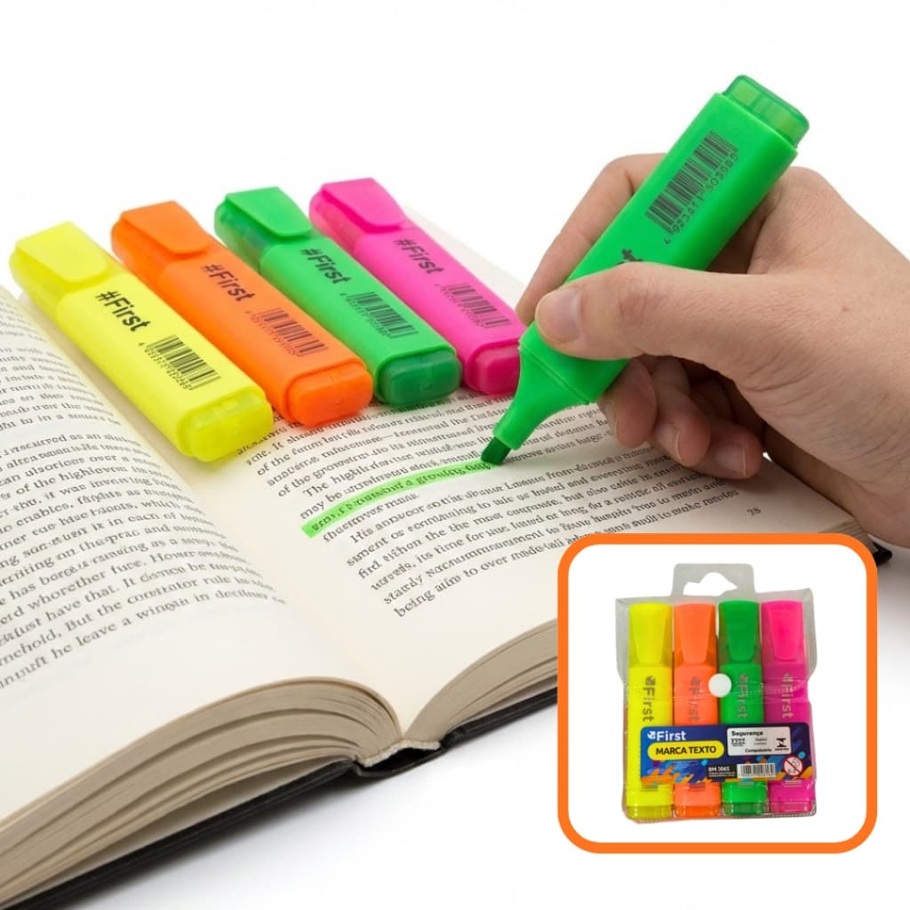 Kit Marcador de Texto Estojo 4 Cores Neon da First Caneta Escolar Marca Texto