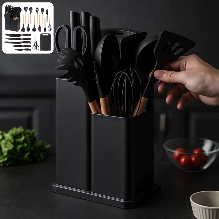 Kit 19 Peças Jogo de Utensílios Para Cozinha em Silicone Com Cabo de Madeira Completo
