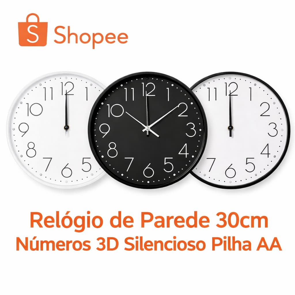 Relógio de Parede 30cm Redondo Números 3D Silencioso Moderno Pilha AA Sala Cozinha Escritório