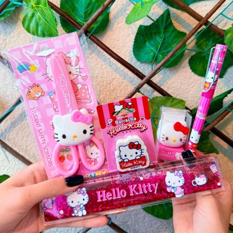Kit Hello Kitty Tesoura + Régua + Borracha + Lápis Infinito + Apontador Papelaria Fofa Kawaii