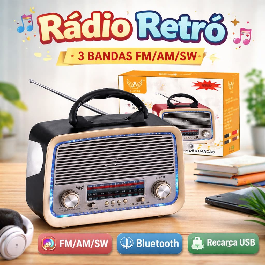 Rádio Retrô Bluetooth Portátil AD-3199 – FM/AM/SW, USB, Cartão SD, Lanterna, Caixa de Som Vintage