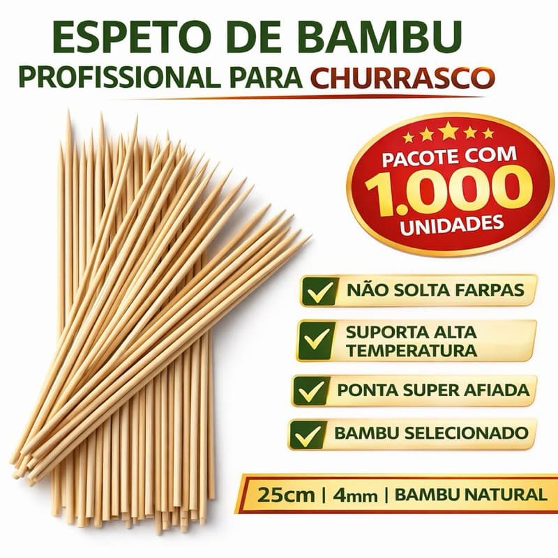 1000 Palitos Espeto pra churrasco 25 cm Bambu pct com 1000 unidades