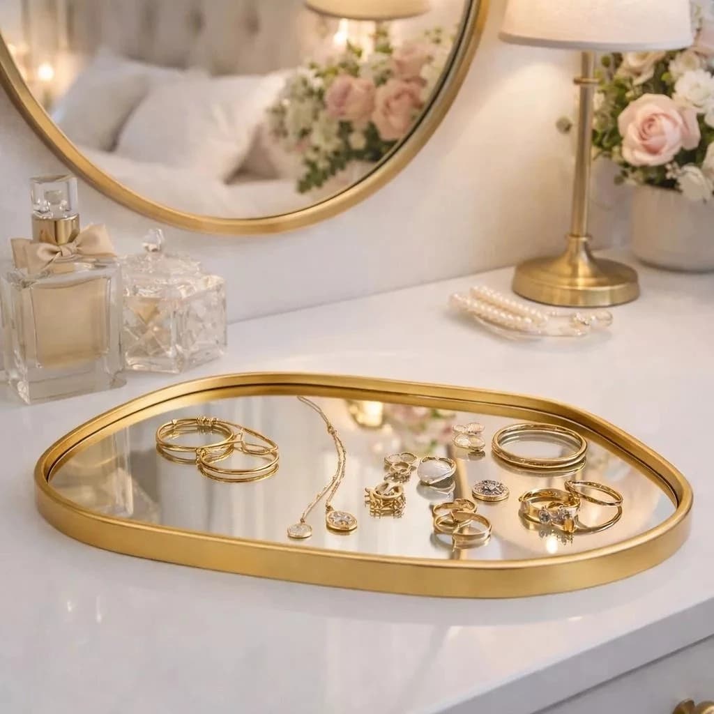 BANDEJA DECORATIVA ESPELHADA FORMATO ORGÂNICO MULTIUSO BANHEIRO LAVABO SALA PRETO DOURADO