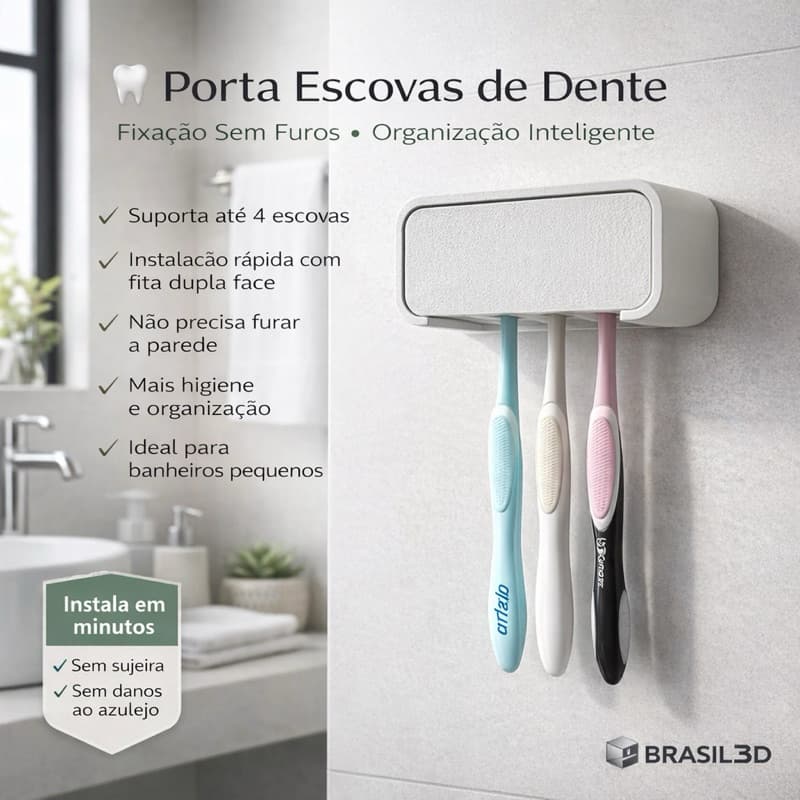 Porta Escovas de Dente de Parede sem Furos | Suporte para 4 Escovas com Fita Dupla Face