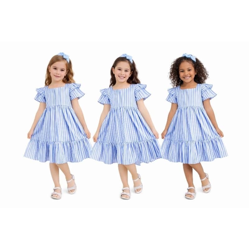 Vestido Infantil Feminino Listrado Azul e Branco 100% Algodão – Manga Babado Midi Moda Verão