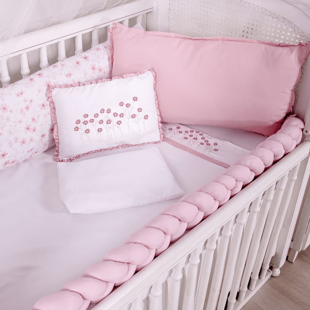 Kit Berço Menina Rosa Flores 9 Peças em 100% Algodão Padrão Americano