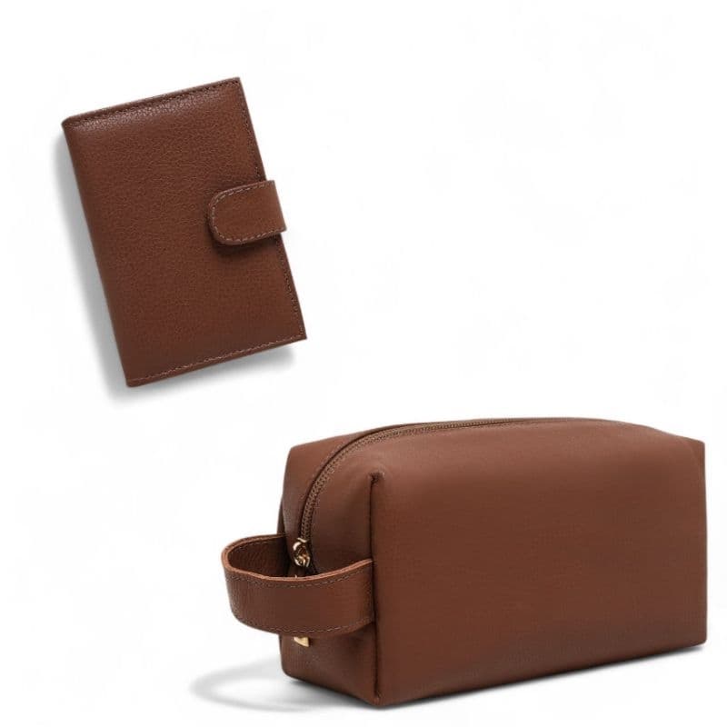 Kit Feminino em Couro – Carteira + Nécessaire. COURO LEGÍTIMO CABE CARTÕES DOCUMENTOS CNH RG ESPAÇOSA VIAGEM ELEGÂNCIA.