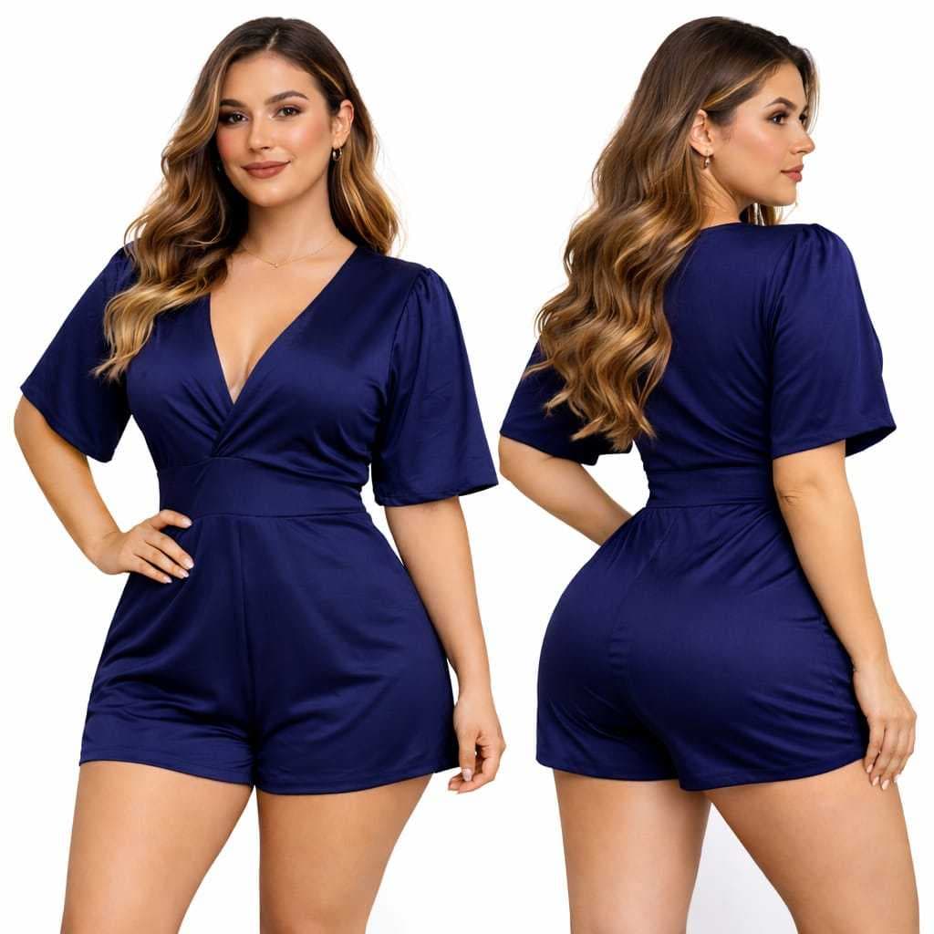 macacão feminino curto estilo macaquinho gola V manga Ampla flare Look casual e confortável para o verão plus size