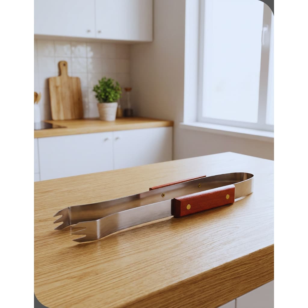 Garfo Pegador Pinça Churrasco 35CM Cabo de Madeira Inox Western Home Churrasqueira Grelhados e Carne