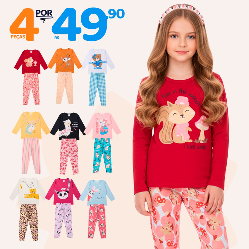 Kit Sortido 4 Peças de Roupas Feminino Infantil Inverno e meia estação – 2 camisas manga longa + 2 calças legging