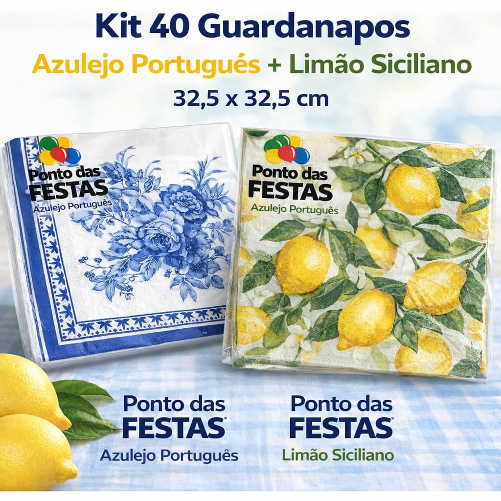 Kit 40 Guardanapos de Papel Azulejo Português + Limão Siciliano 32,5 x 32,5 cm – Inspire Sua Festa