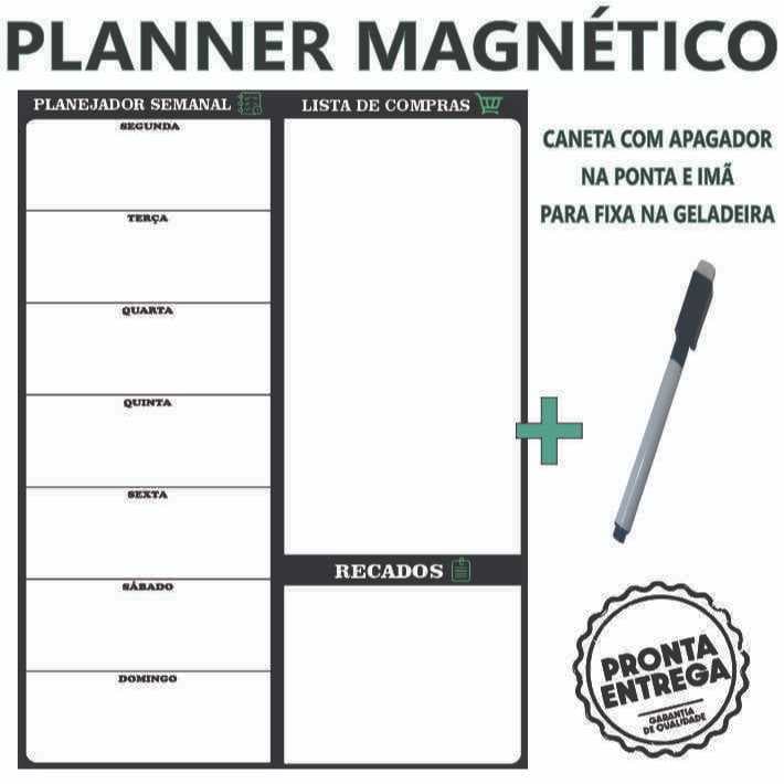 Imã de Geladeira Planner Semanal com Caneta Escreve e Apaga Planer