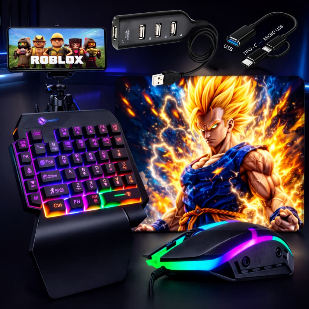 Kit Mobilador One Hand Gamer Completo Para Celular Com Teclado + Mouse Gamer Led RGB