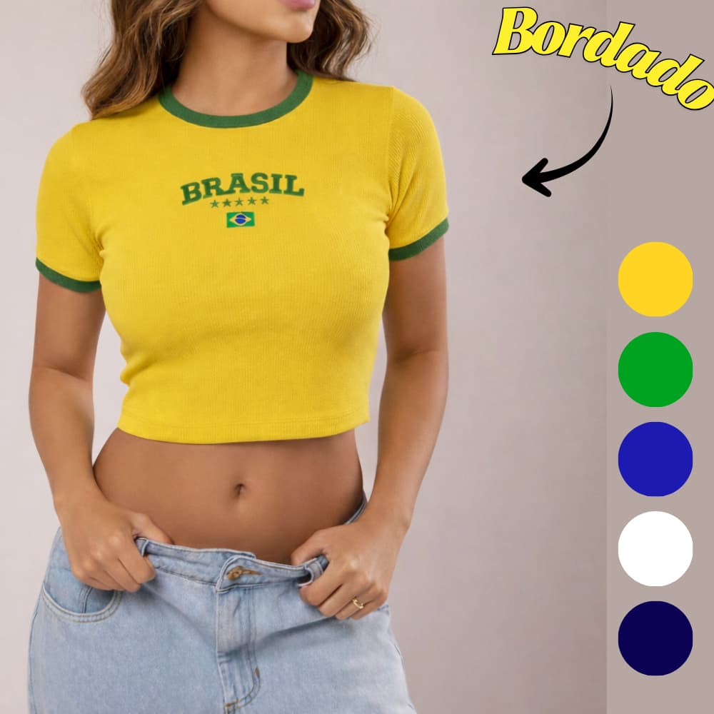 Cropped do Brasil Feminina Ribana Canelada Bordada